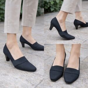 Coach and Four Black Stretch Fabric Kitten Heel Pumps 7.5 Slip On Career Shoes